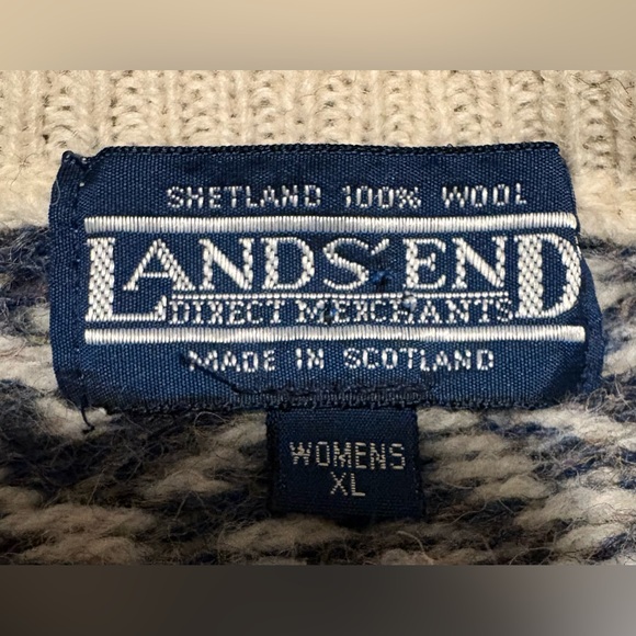 Land’s End Drifter Jacquard Blue and Cream Oversized 100% Shetland Wool Sweater - Picture 2 of 12
